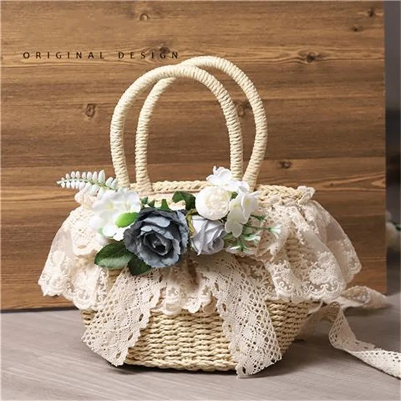 Sweet Cute Women Lolita Handbag Woven Straw Handmade Lace Flower Lady Soft Girl Pastoral Style Beach Bag Lolita Accessories