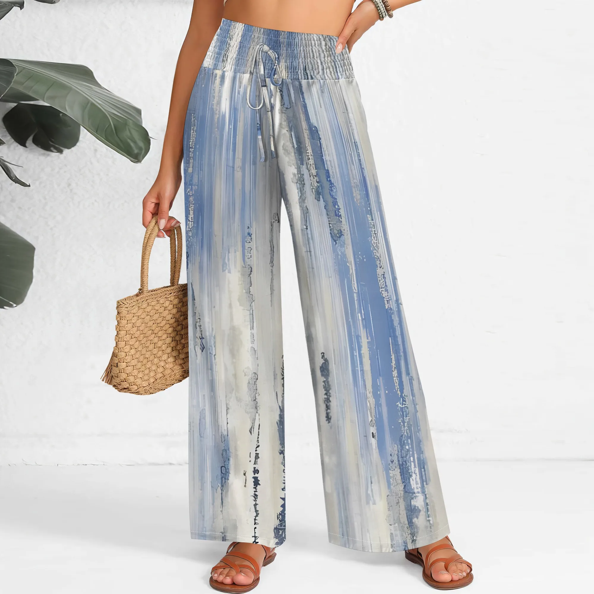 Nupusa Abstract Print Pants for Women Standard Size Summer Casual High - Waist Wide Leg Pants