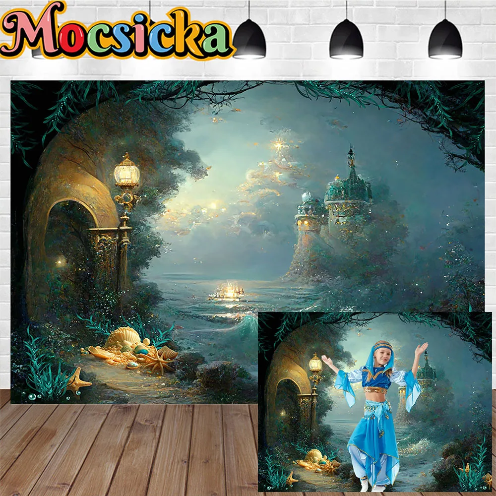 Fondo de fotografía artística de Castillo, princesa, niña, paisaje de las Maravillas, océano, flor, farola, decoración azul y rosa, telón de fondo brillante, utilería de estudio