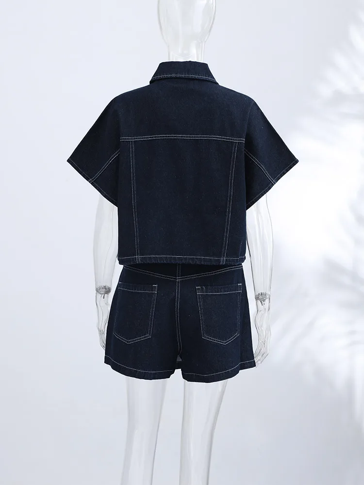 Denim-Kurzarm-Crop-Top und Skort-Set für Damen, Sexy V-Ausschnitt, Einreihige Oberteile, Hochgeschnittene Culottes, Schicke Damen-Partykleidung, Neu – Detail 7