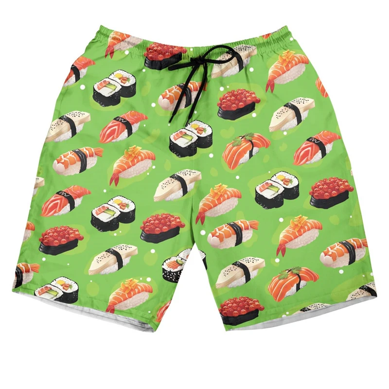 Fast Food Graphic Beach Short Pants For Men Summer Hawaiian Vacation Party Shorts Hamburger Steak Beer Sausage Fries Shorts