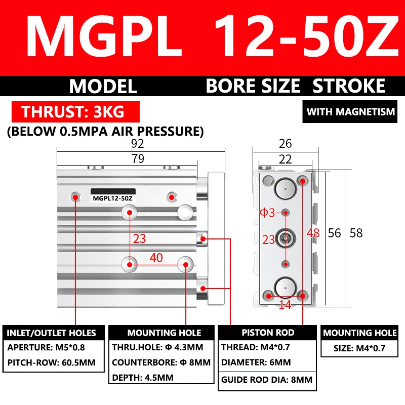 

ABILKEEN MGPL Series Pneumatic Compact Guide Cylinder MGPL12-50Z 12MM Bore X 50MM Stroke Thin Three Axis Three Rod Air Cylinder