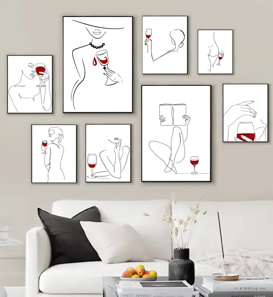 Sexy Female Line Wine Cocktail Lovers Drinks Wall Art Minimal Nordic Poster And Canvas Painting Print Wall Picture For Bar Decor