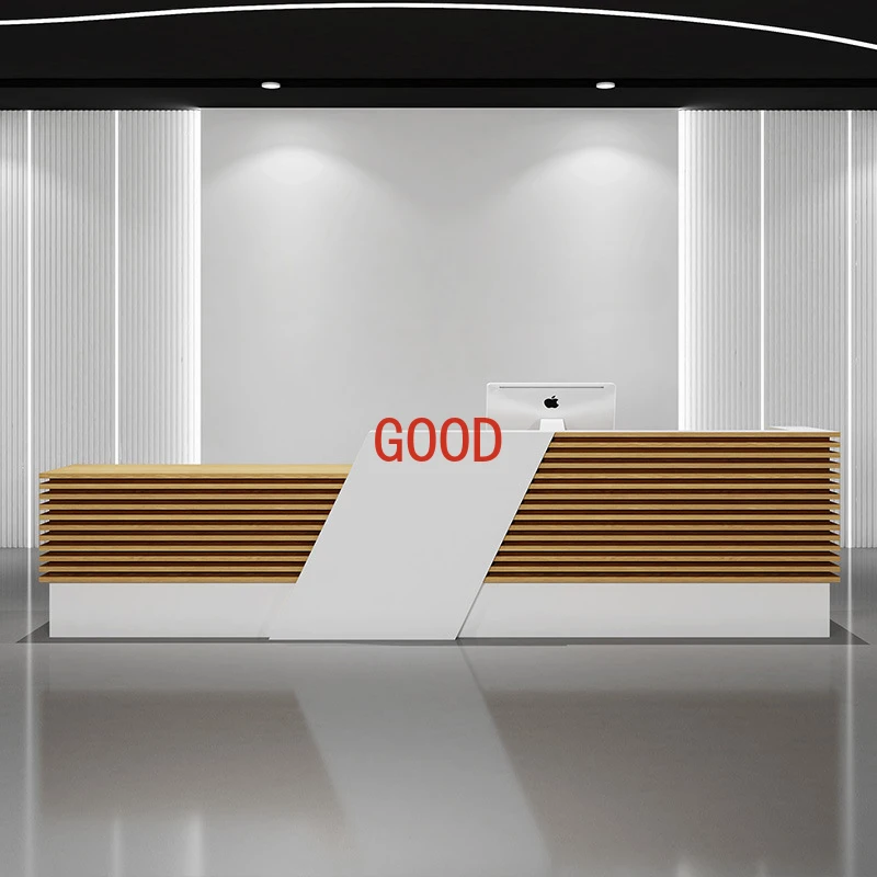 Escritorio de recepción de empresa moderno y sencillo, página de caja de belleza, luz de hotel, mostrador de lujo, mesa de bar de institución de vestíbulo
