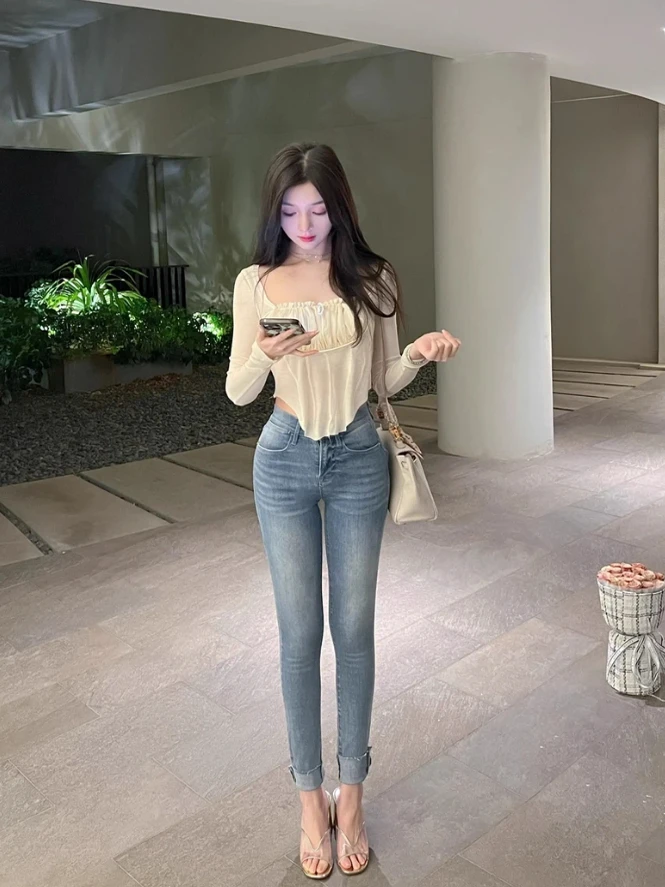 

Ретро джинсы с высокой талией, синие, женские, эластичные, утягивающие, выбеленные, белые, весна-осень, новые модные брюки-карандаш длиной 7/8