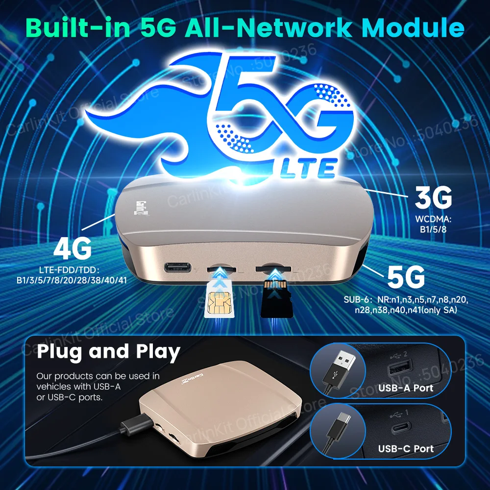 กล่อง CarlinKit CarPlay Ai Box รุ่นใหม่ ปี 2025 รองรับ Ultra-5G ระบบ Android 15 ชิปเซ็ต SM6350 หน่วยความจำ 8GB+256GB รองรับ Wireless CarPlay และ Android Auto สำหรับดู Netflix และ IPTV