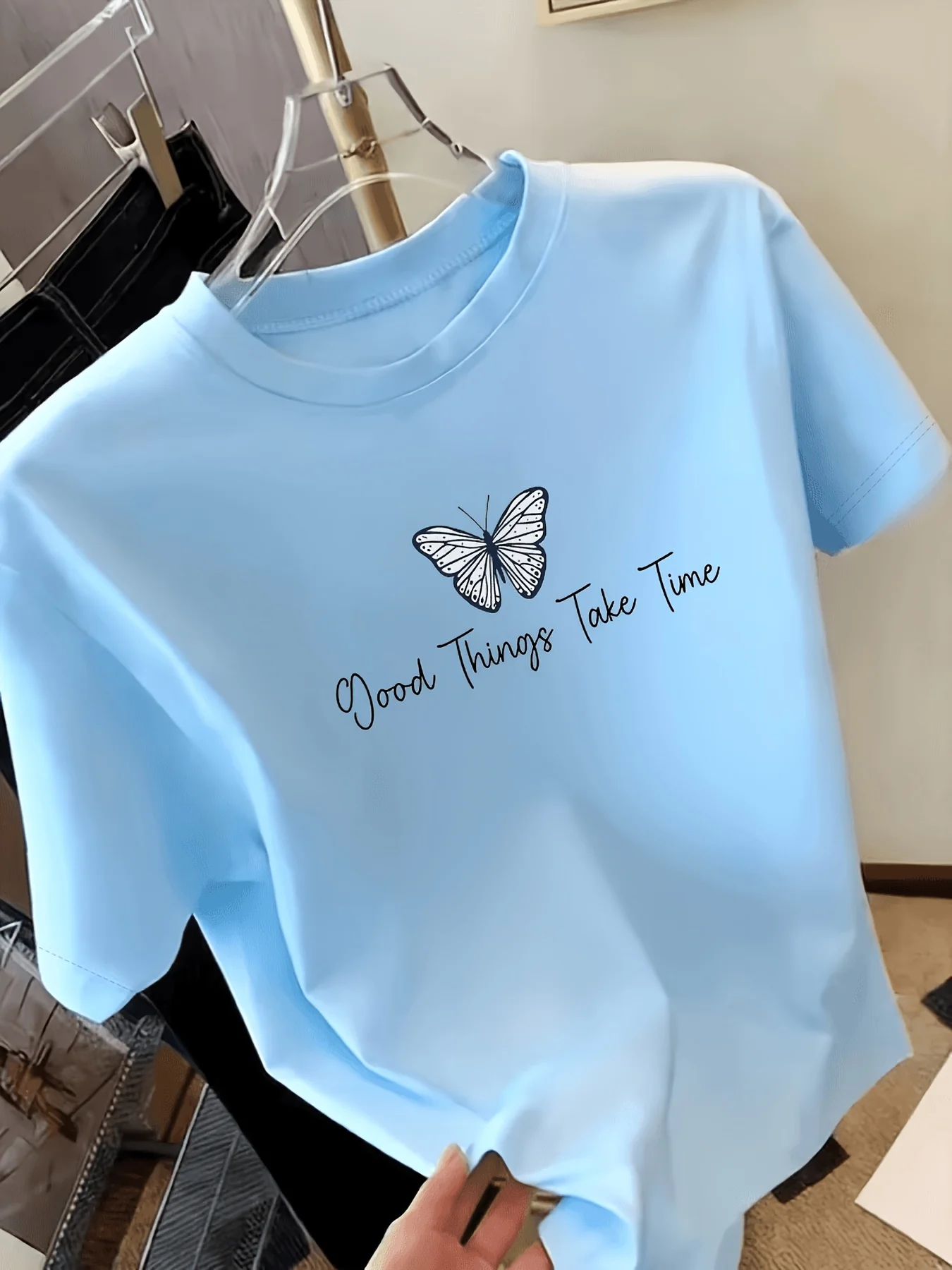 Women'S Short-Sleeve T-Shirt Printed with Blue Butterfly Patterns And The Text 
