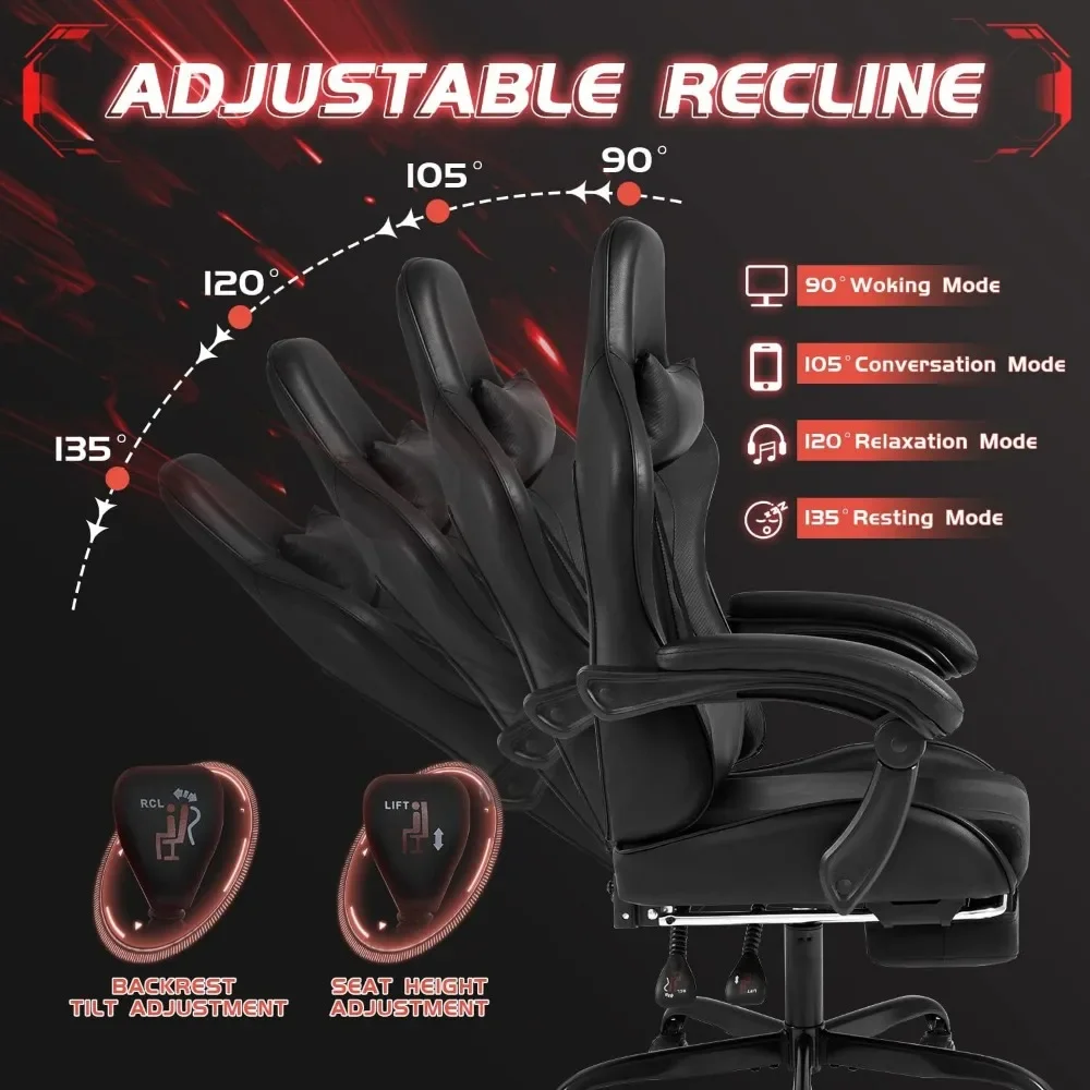 Silla Gaming con reposapiés y soporte Lumbar de masaje, Asiento de Carreras de vídeo, altura ajustable con giratorio de 360 ° y reposacabezas, negro