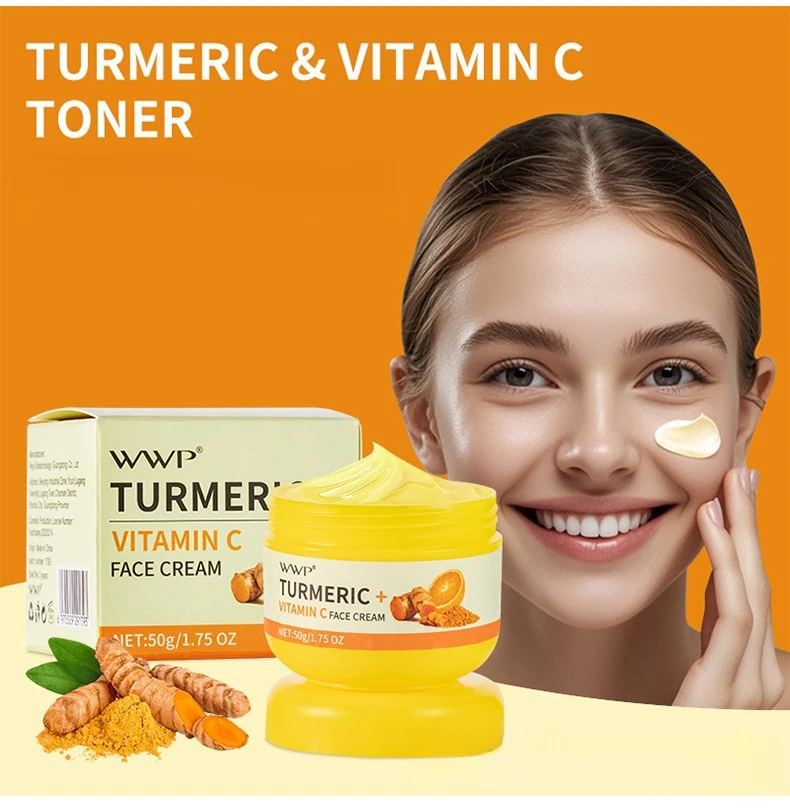 50 g/caja de crema facial de cúrcuma, crema hidratante, hidratación profunda, brillo del tono de la piel, rica en una variedad de ingredientes respetuosos con la piel, sensación juvenil, sin alcohol, adecuada para todo tipo de piel, cuidado diario de la piel