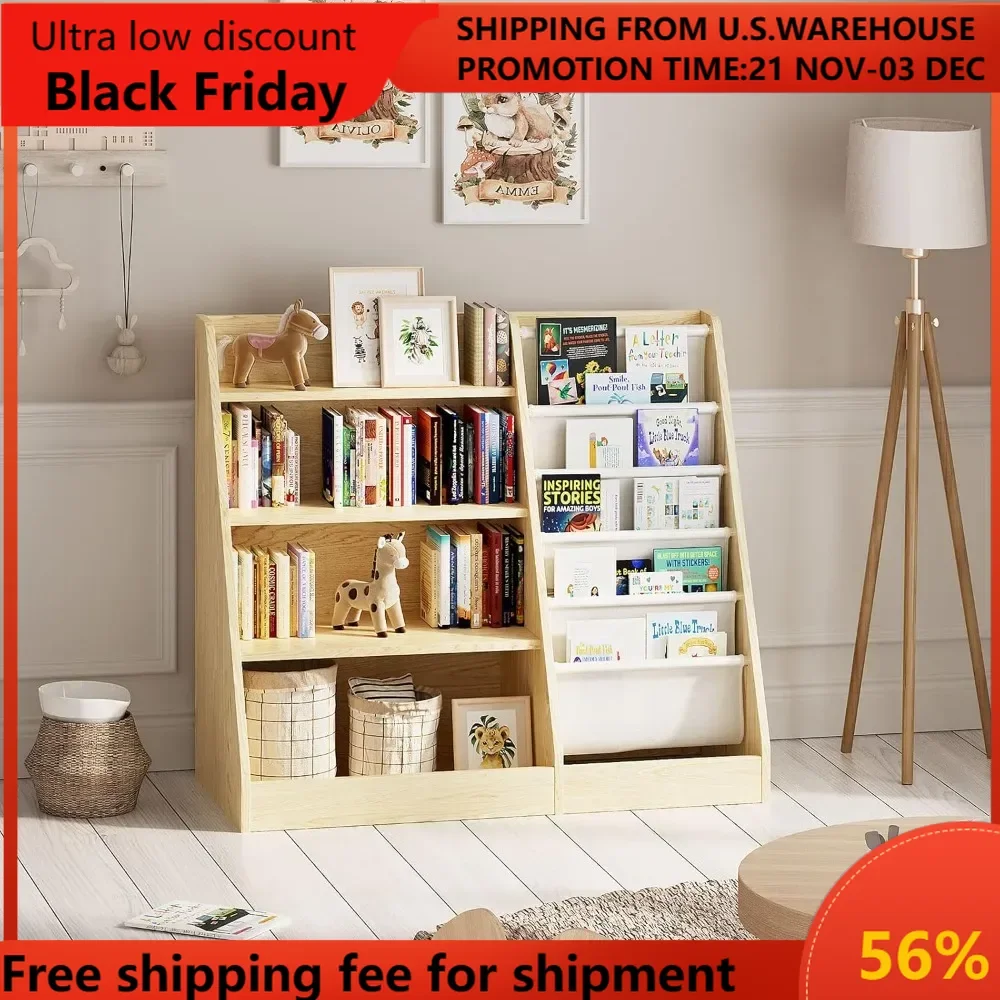 4 Tier Kids Wooden Bookshelf,Five Layer Sling Children Bookcase,Baby Storage Book Rack,Book and Toy Organizer Cabinet Chest,Book