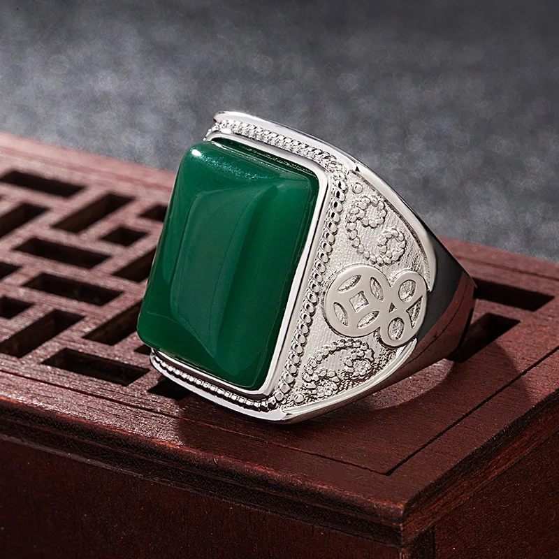 

HOYON National Style Dominant Men's Green Agate Ring 925 Silver Vintage Men's Chrysoprase Ring Simple Fashion Jewelry Gift Box