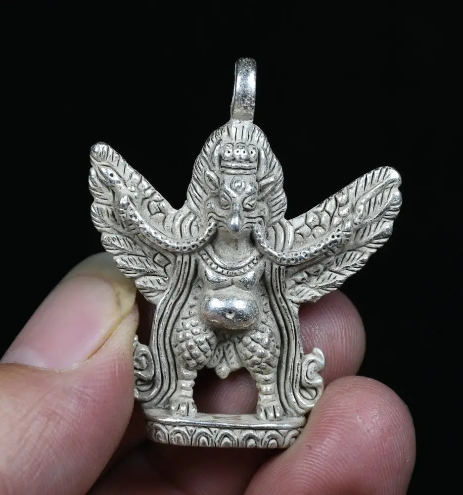 

4.8CM Old China Miao Silver Redpoll Winged Garuda Bird Eagle Buddha Pendant