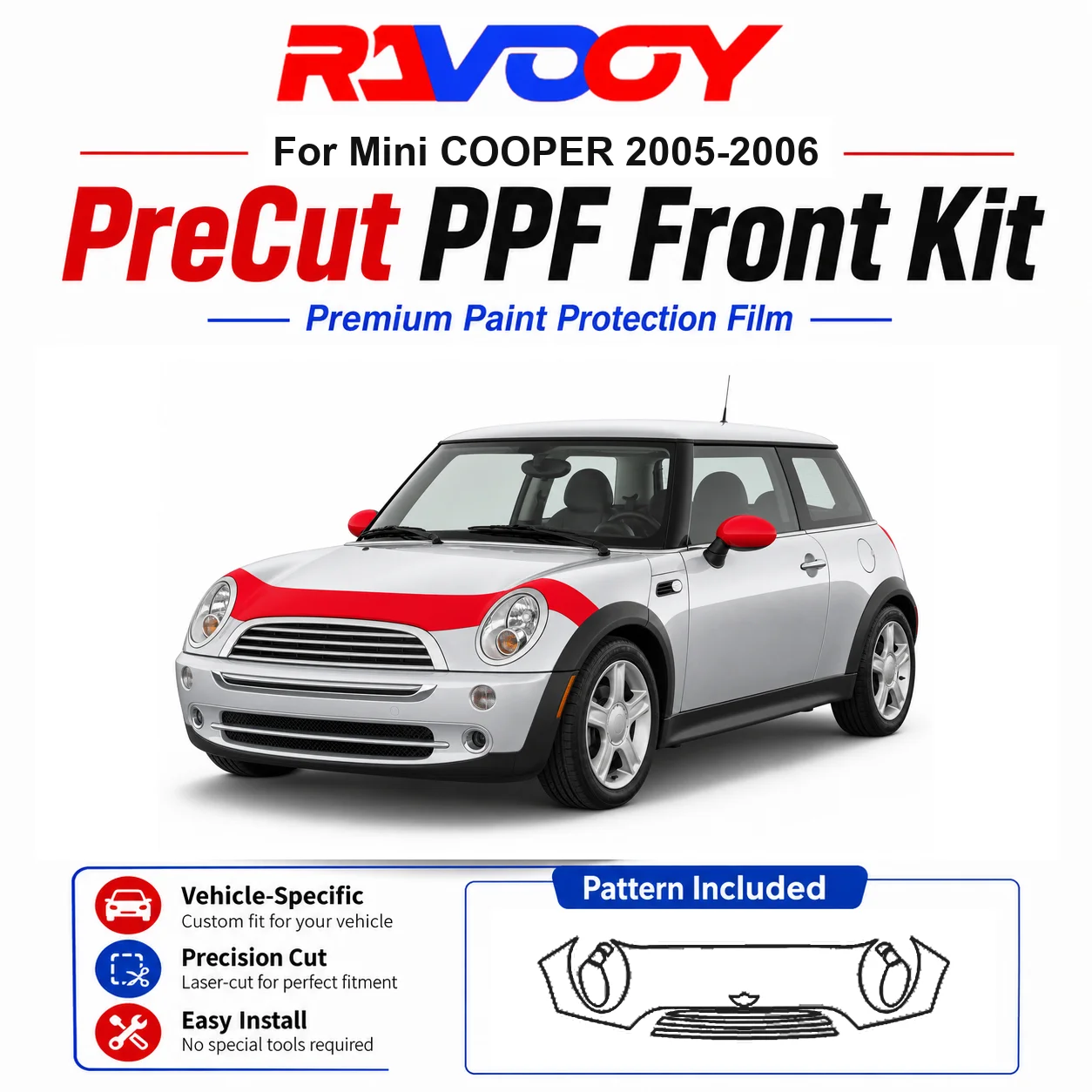 

8.5mil TPU Precut PPF Kit For MINI COOPER 2005-2006 - Hood, Fenders & Mirror Set - Self-Healing Clear Bra Film