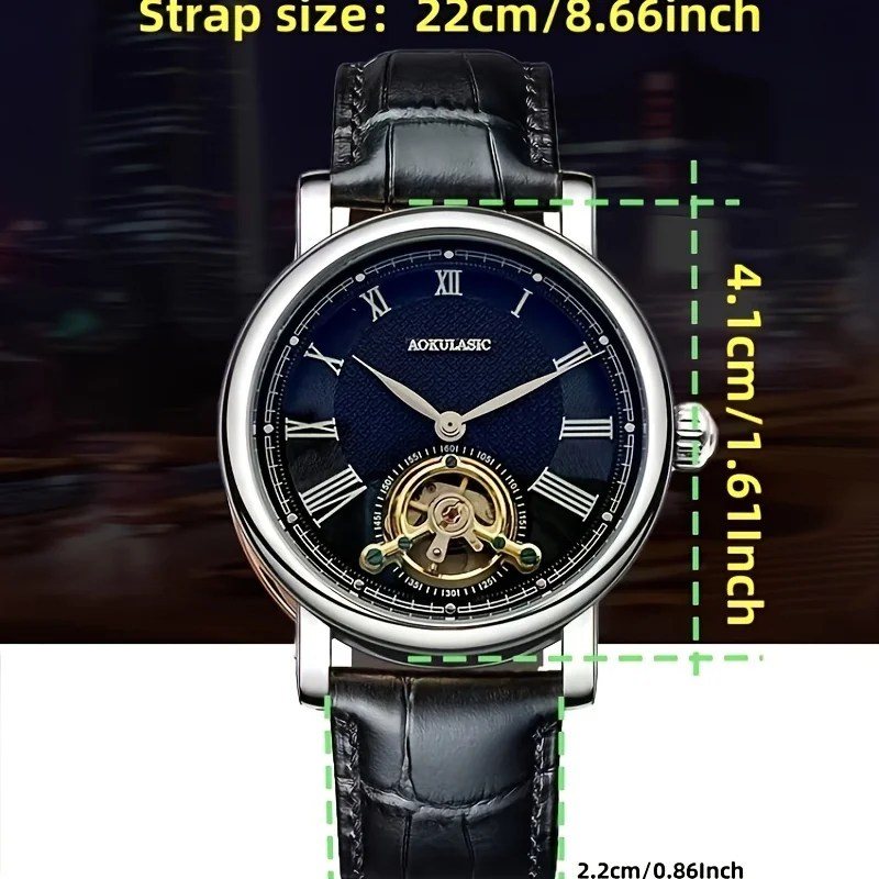 Luxury Men's Automatic Mechanical Watch - Stylish Hollow Design, Fashionable Business Casual Style, Alloy Case and Leather Strap, No Battery view 6