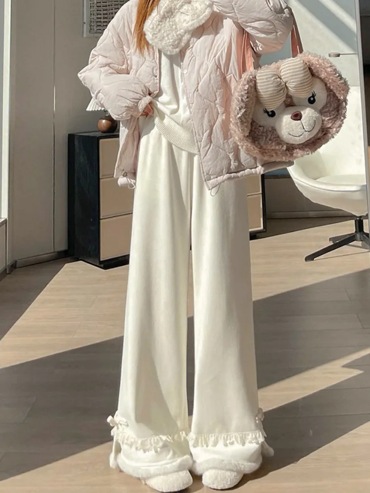 กางเกงขายาวทรงตรงผ้าถักแต่งขอบลูกไม้เก๋ไก๋สำหรับผู้หญิง ไซส์เล็ก น่ารัก ผ่าข้าง เอวสูง ใส่สบาย เหมาะสำหรับฤดูหนาว