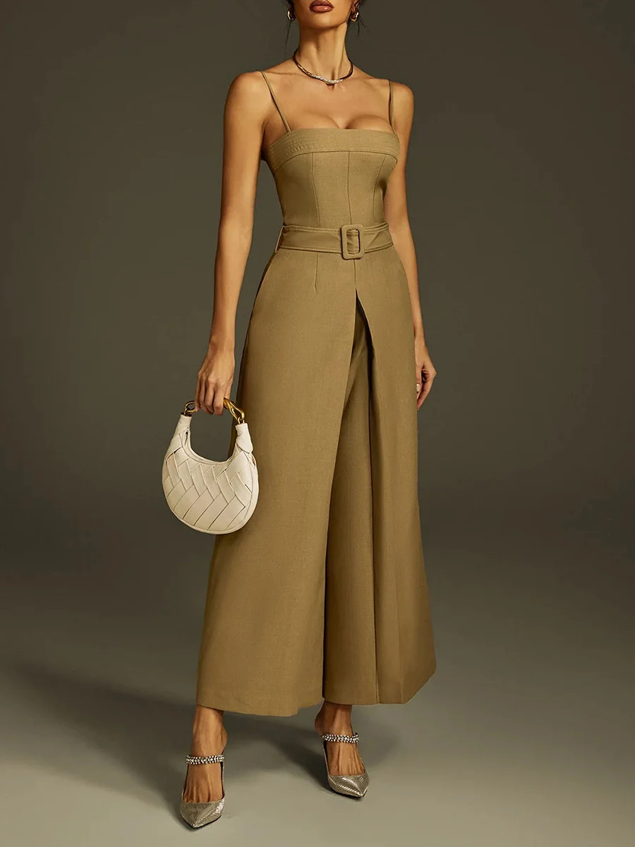 VGH 우아한 솔리드 슬리밍 점프 슈트 여성용 스퀘어 칼라 민소매 하이 웨이스트 스플라이스 벨트 캐주얼 통근 점프 슈트 여성