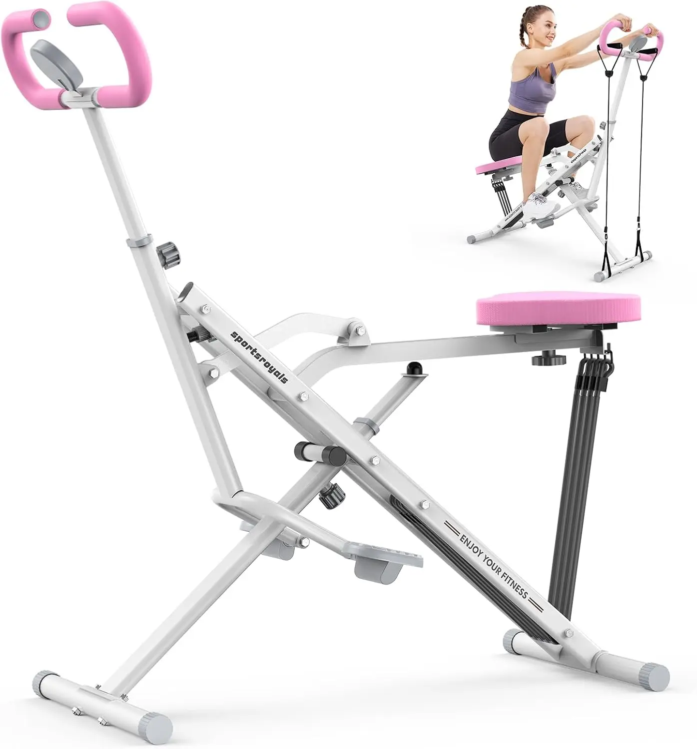 Home 2 In 1 Pink Rower Squat Machine Full Body Workout Foldable Adjustable 4 Resistance Bands 330lbs Weight Capacity