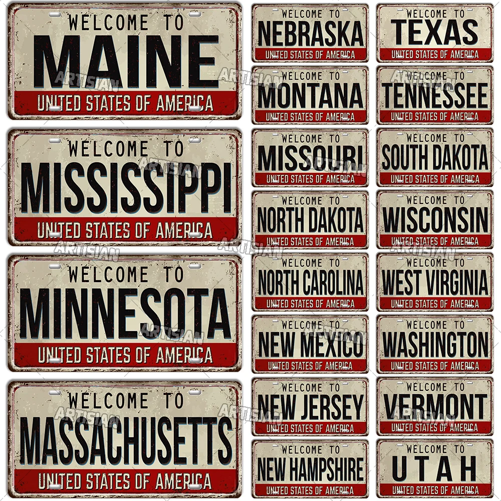 Artisian Welcome To USA City Car Plate Landmark License Plate US State Metal Sign Wall Decor Garage Bar Pub Club Hotel Cafe