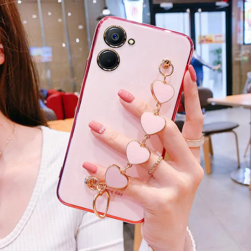 Wrist Bracelet Phone Case For Realme 10 Case Luxury Heart Chain Plating Cover Realme 10 4G C33 9i C30 Realme10 Case Silicone