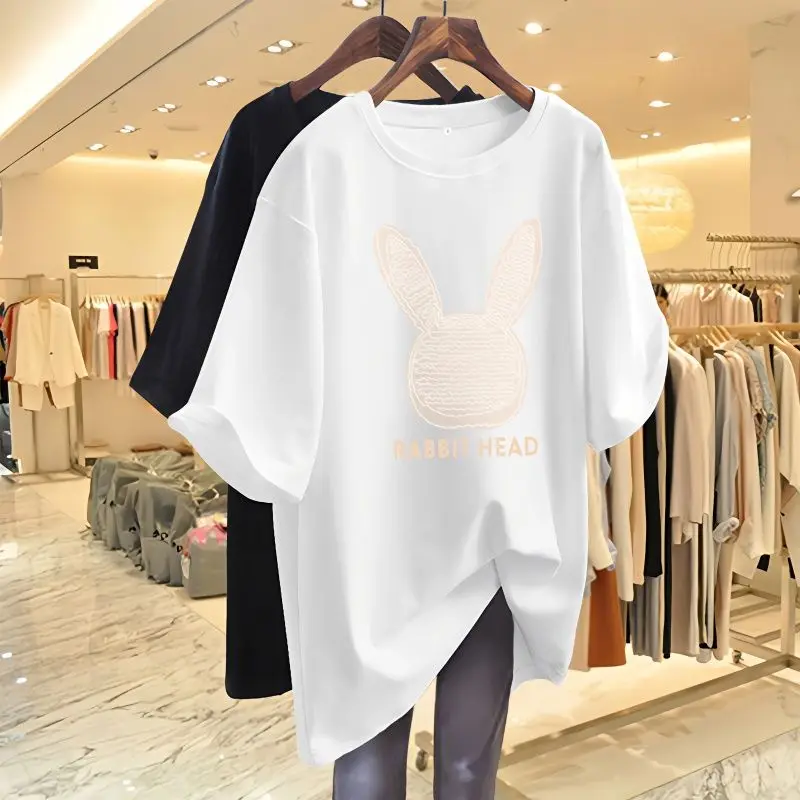 Pure Cotton Round Neck Dark Green Pullover T-shirt for Women Summer Letter Rabbit Head Pattern Printed Half Sleeve Midi Tops