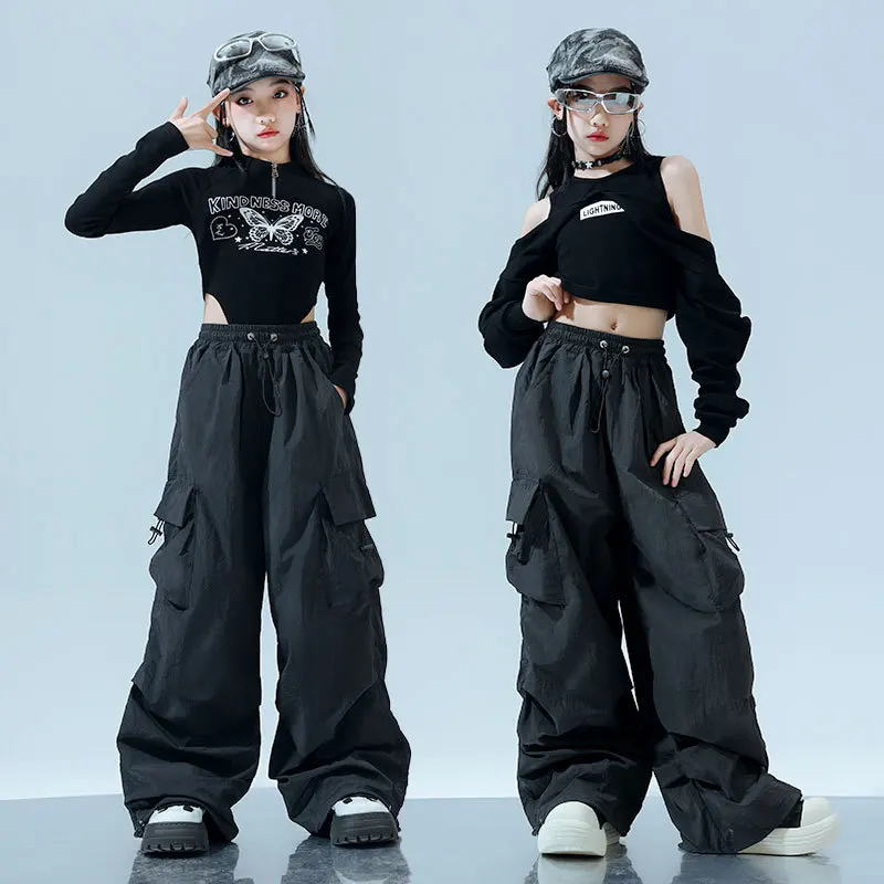 Kinder Jazz Dance Kostüm Set Hip Hop Schwarz Enge Crop Top Mädchen Bühne Laufsteg Mode Langarm Camouflage Hosen Kostüm