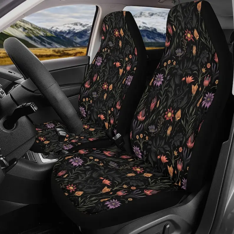 

Dark Witchy Floral Car Seat Covers Full Set, Cottagecore Forest Front And Back Seat Covers, Steering Wheel Cover, Car Decor Gift