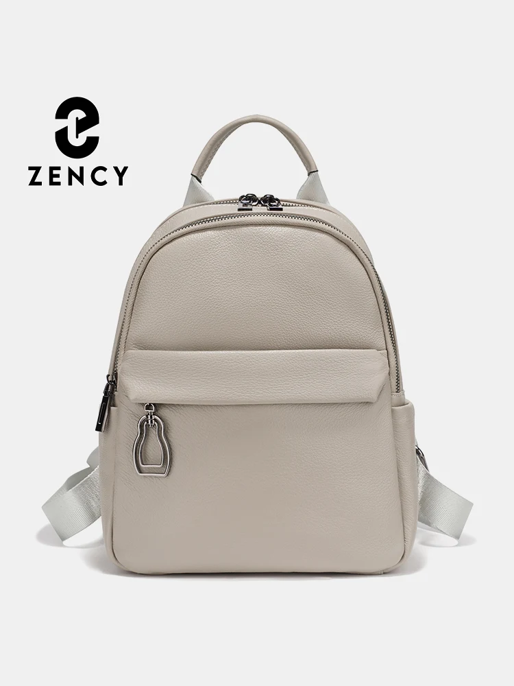 Zency Women's Genuine Leather Backpack 2026 Natural Urban Daily Medium Rucksack for College Female Knapsack Light Grey Beige