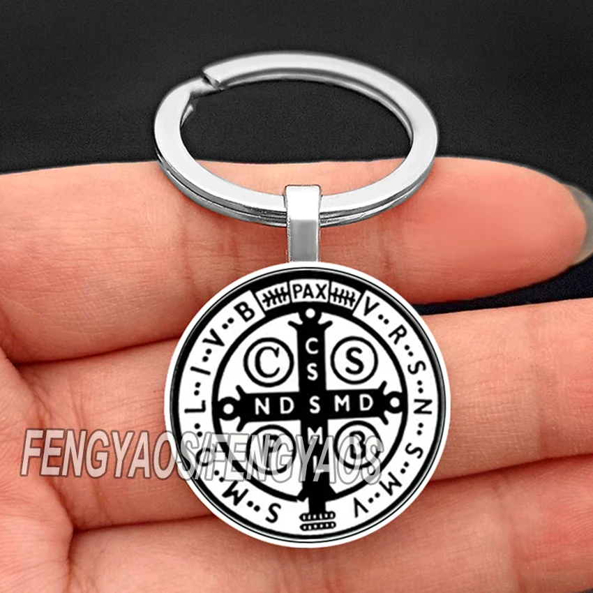 Cross Saint Benedict Keychain for Catholic Glass Cabochon Christian Key Chain Metal Catholicism Keyring Gift