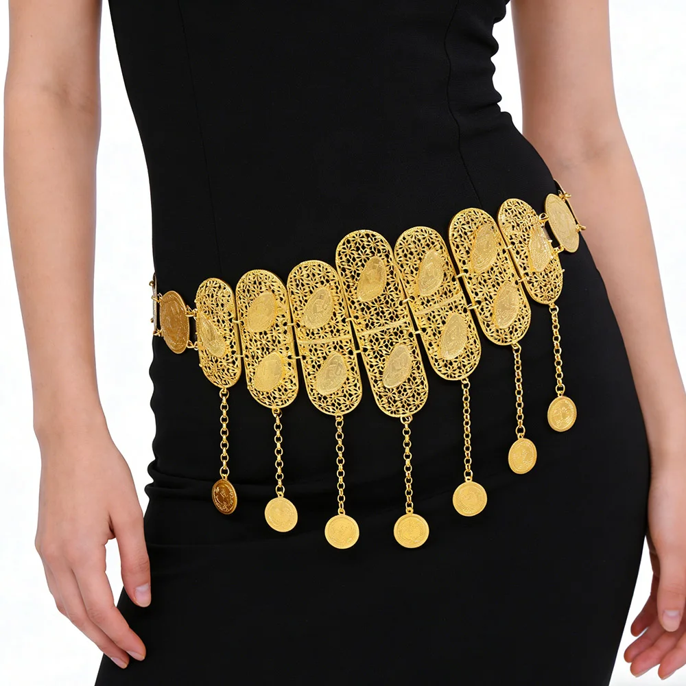

Gold Plated Hollow Carved Pattern Women's Robe Waist Chain Luxurious Wedding Party Festival Ethnic India Turkey Jewelry Gift