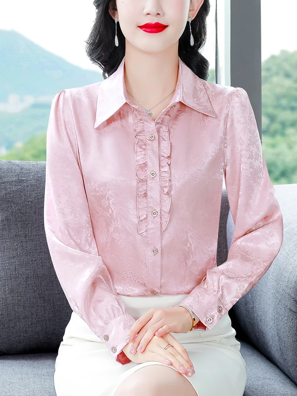 

Ele Long Sve Silk irt for Women Hangzhou Sle Mommy Faion Big Brand Tussah Silk Ladies Premium Quali irt