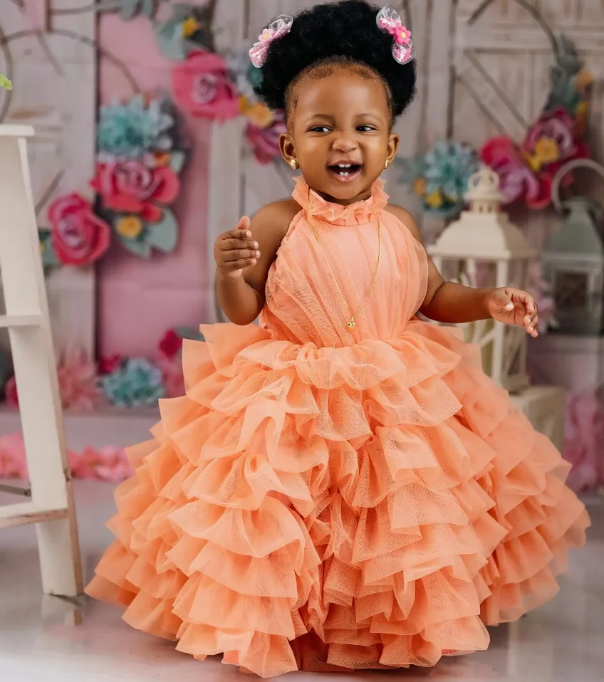 Orange süße Blumen mädchen Kleider kleine Prinzessin Erstkommunion Kleid gestufte Rüschen Kleinkind Taufe Geburtstags kleider