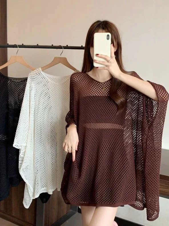 

Вязаный топ средней длины больших размеров в американском стиле с V-Ne и защитой от солнца для женщин больших размеров