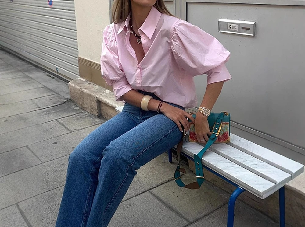 

Commuting Versatile Solid Color Single Breasted Lapel Balloon Sleeve Shirt Top Women's Summer 2025 New