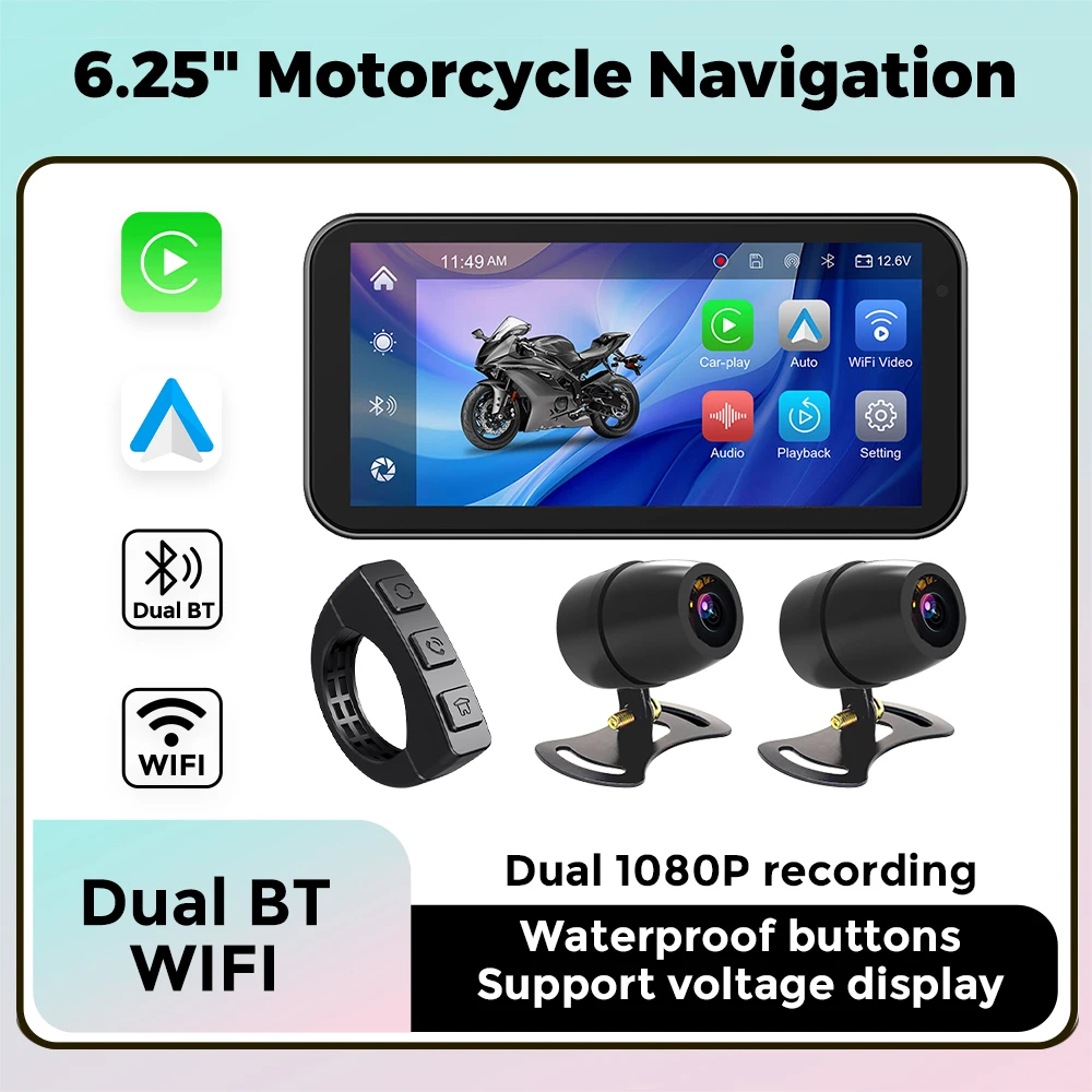 6.25 Inch Portable Motorcycle IP67 Waterproof Wireless for Apple CarPlay Android Auto Mote Smart Display GPS Navigation Dual BT