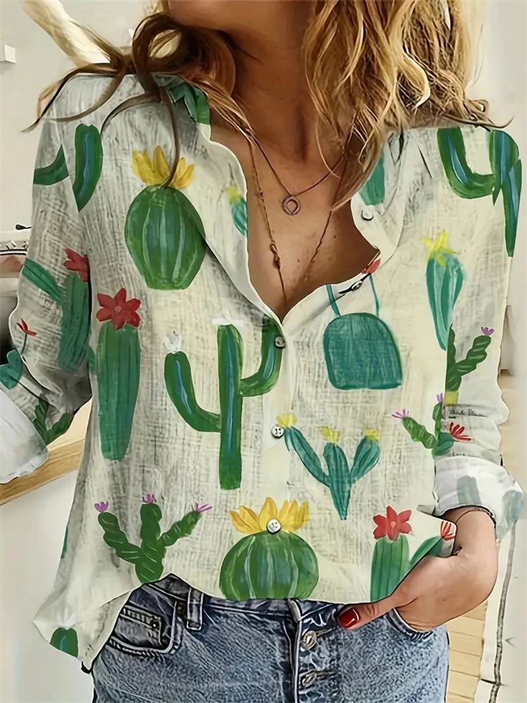 

Women's Cactus Printed Top Autumn Elegant Fun Shirt Casual Loose Long Sleeve Fashion Button Top Comfortable Travel Jacket