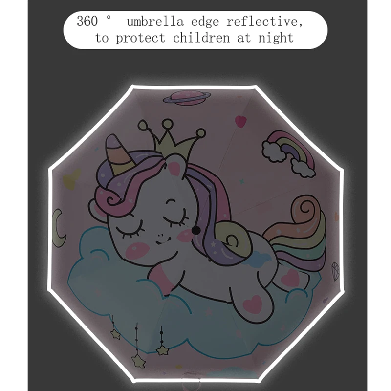 Paraguas automático con bonito diseño de unicornio, antirebote, diseño de rayas reflectantes, paraguas plegable portátil, diseño de unicornio, regalo