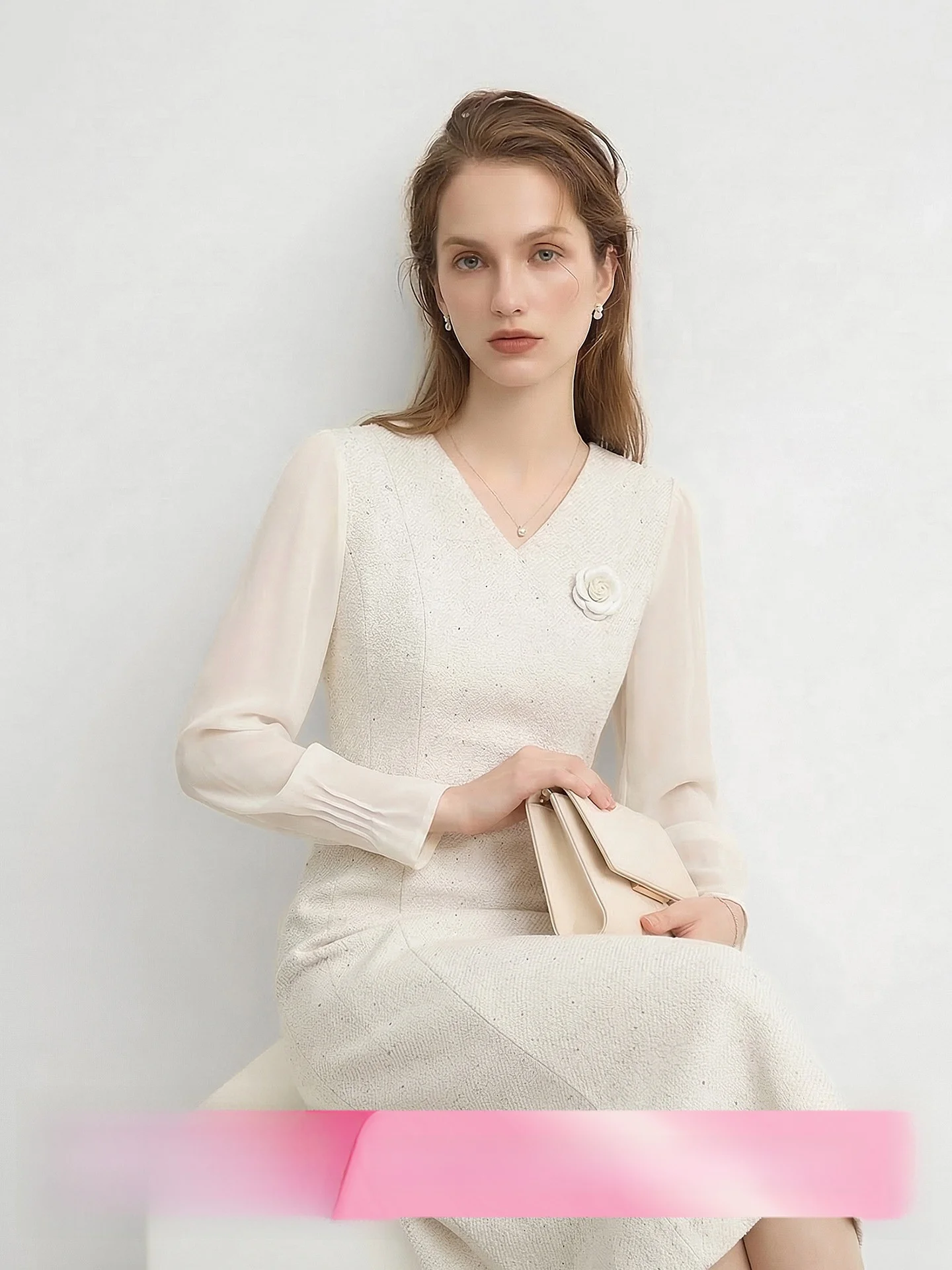 

CVANEA Spring 2026 Acetate Linen Slimming Tea Rose Dress Women's Standard Fit Long Sleeve V-Neck Zipper Closure X-Shape Dress