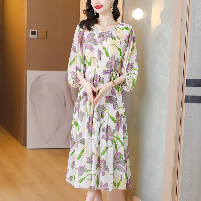 2023 New Fashion Silk Printed Dress Women's Summer Round Neck Fragmented Flowers 3/4 Sleeve Loose Fit Casual Holiday Dress