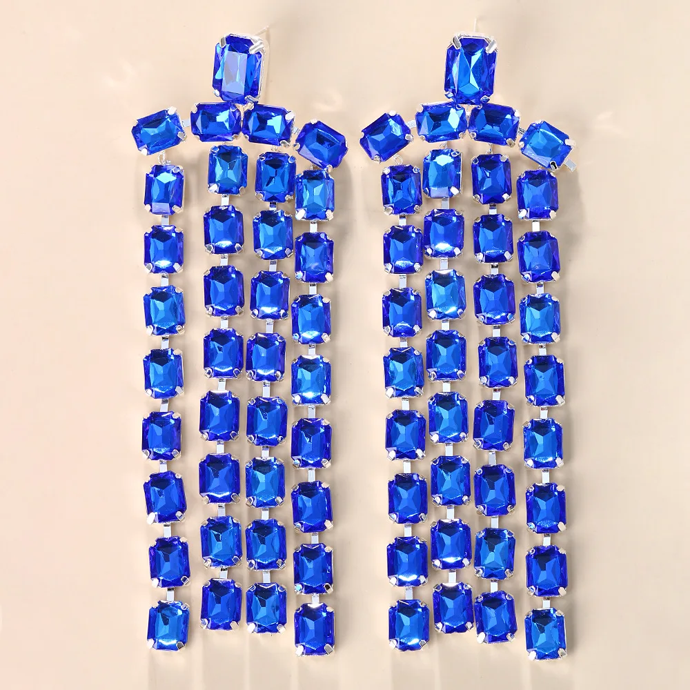Fashion Square Rhinestone Exaggerated Earrings Wedding Accessories 2023 Tassel Crystal Hanging Dangle Earrings Oversize Jewelry image 3