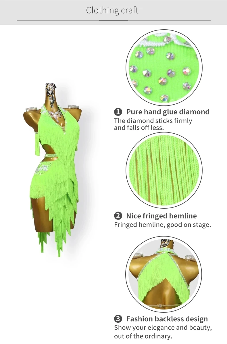 Lateinamerikanisches Tanzkleid für Mädchen, sexy Outfits, Damenbekleidung, Sportkostüm, Ballkleid, Rock, Samba-Anzug, elegante Party- und Bühnen-Tanzkleidung. – Detail 7