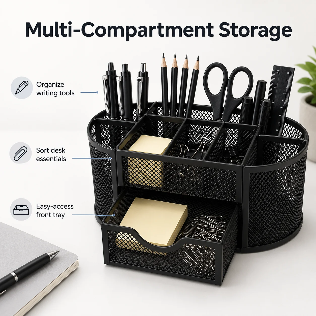 Black mesh desktop storage pen holder, multi compartment metal desktop storage box, used for storing office supplies