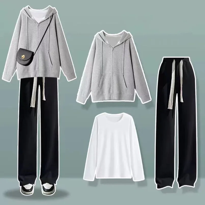 2023 Autumn/Winter Academy Style Fashion Set Korean Loose Sweater+T-shirt+Wide Leg Pants Three Piece Set Fashion