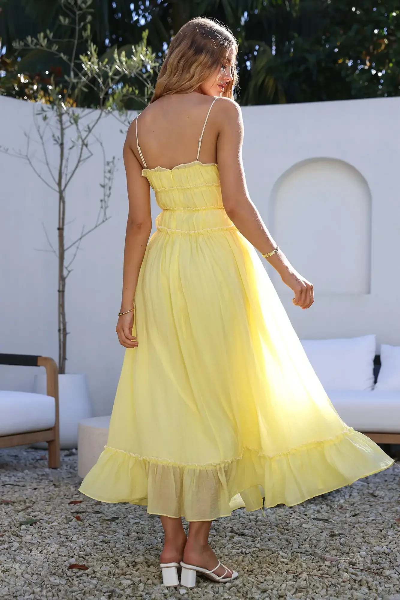 Vestido maxi feminino com babados e tiras na cintura, gravata frontal em camadas, vestido longo fluido, verão, cottagecore, férias, resort