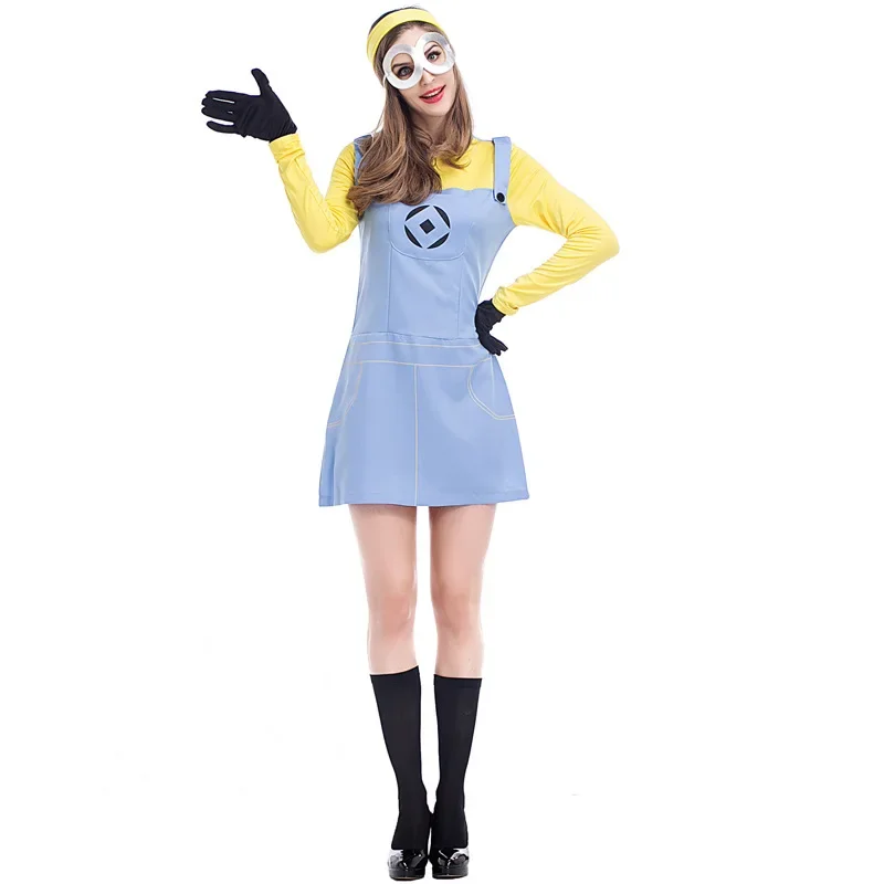 Adult Women Movie Anime Cartoon Yellow Fake Two Pieces Dress Eyeglass Headwear Set Halloween Cosplay Costumes Outfit