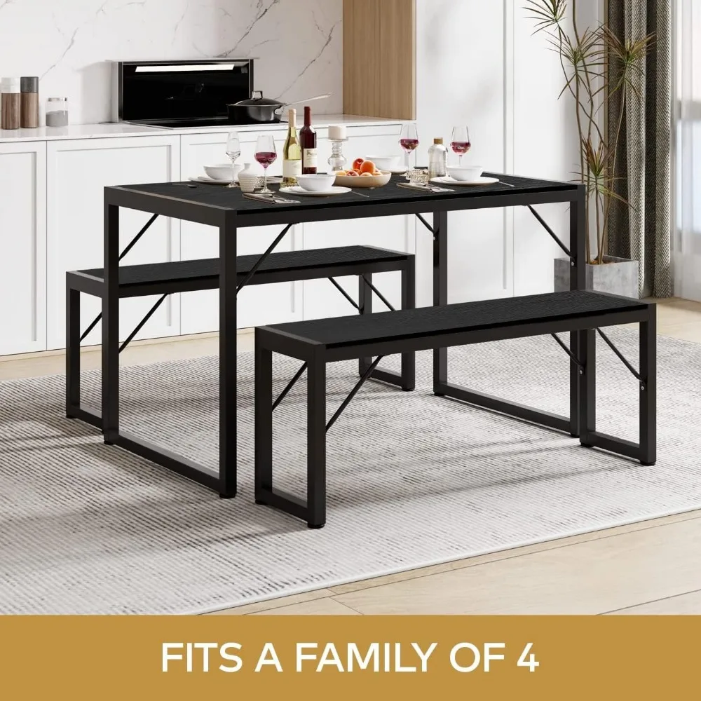 45.5" Dining Table Set for 4 with 2 Benches, Kitchen Table Set with Metal Frame & MDF Board, Space-Saving Dinette for Kit