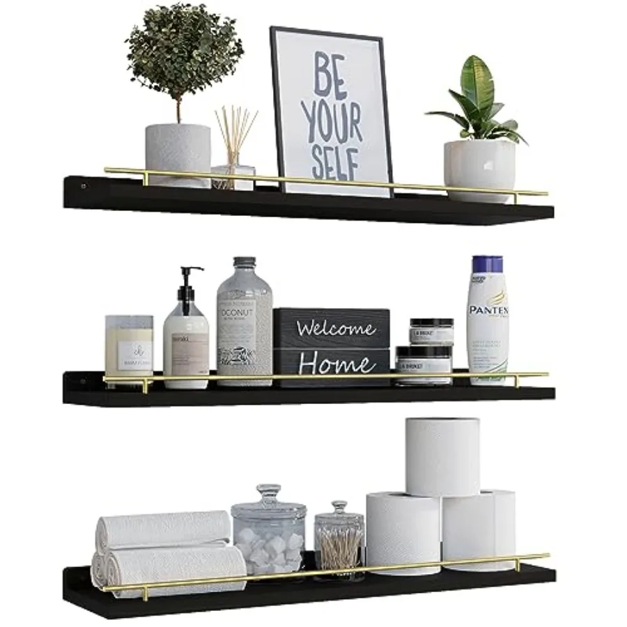 

Floatg Shelves 24 ch with Metal Guardrail, Shelves for Wall Decor Set of 3, Wall Shelves for Bedroom, Bathroom, Kitchen, Living