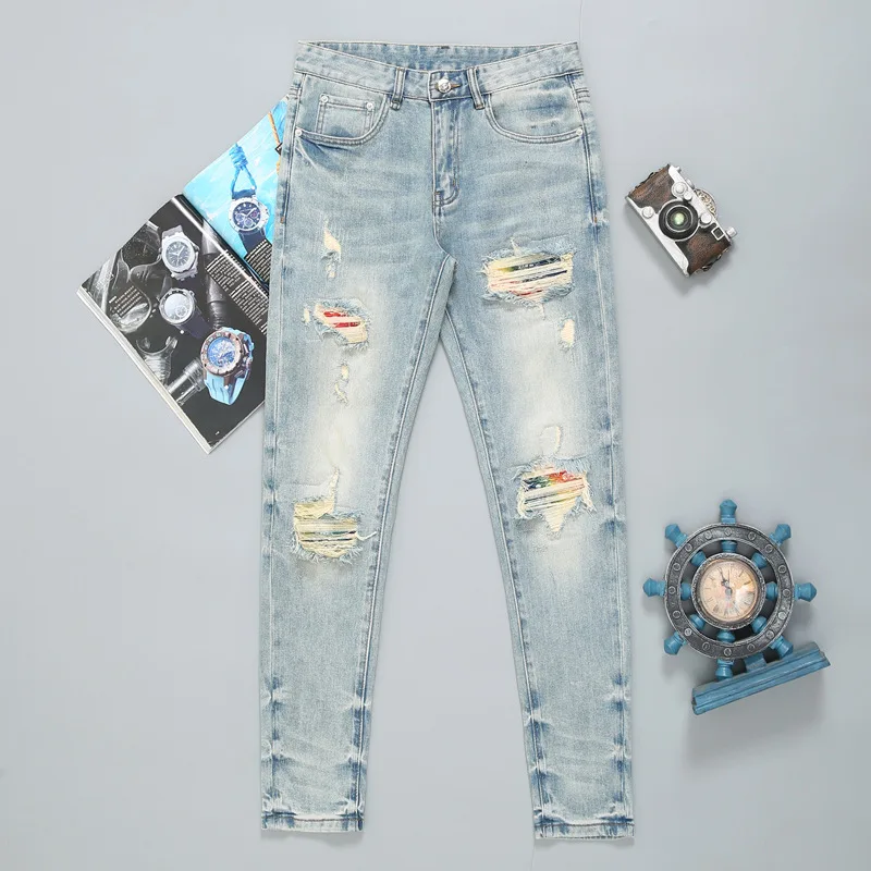 

Street fashion men's light blue jeans retro elastic tight tear jeans men's patchwork designer hip-hop denim pencil pants hombre