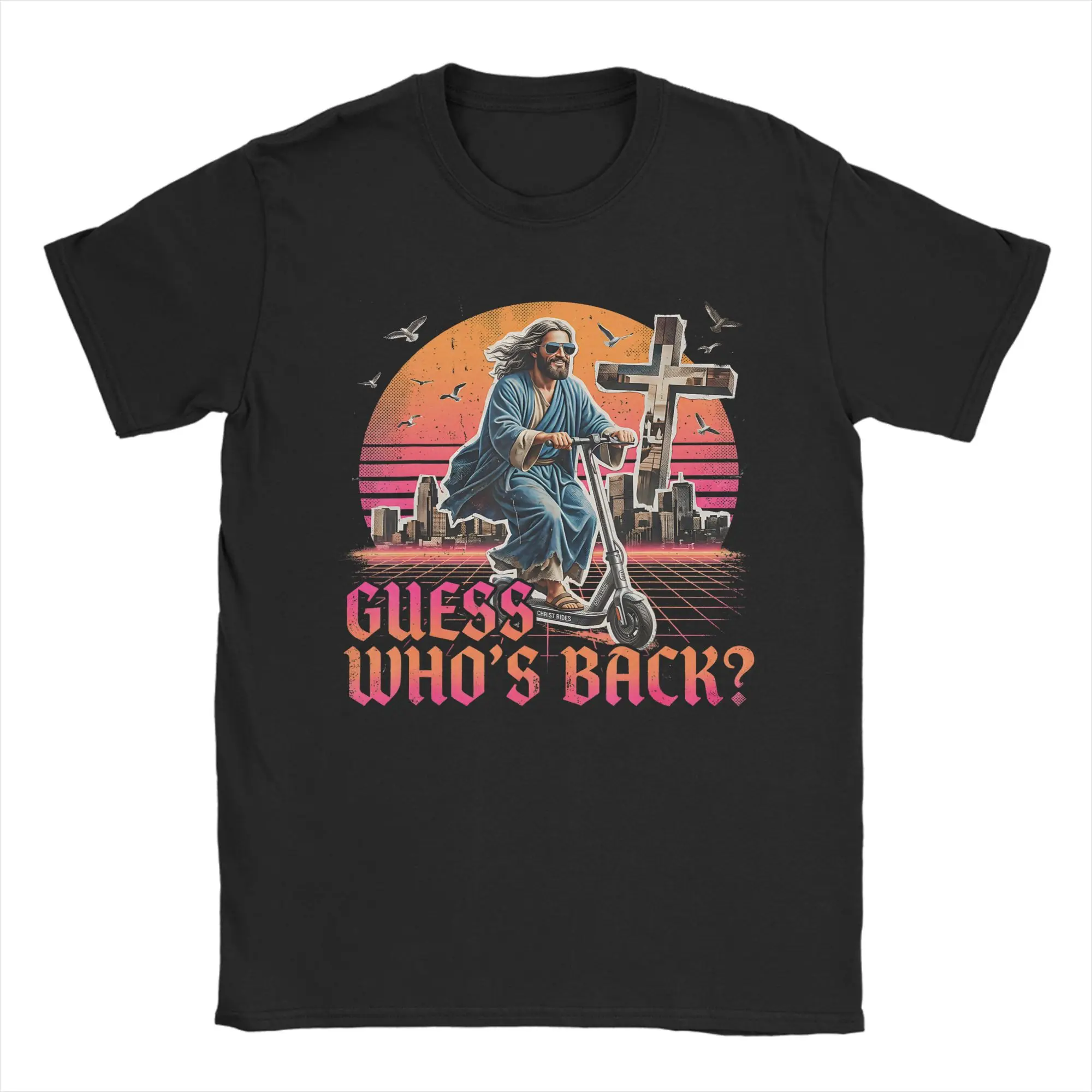 Camisetas divertidas para hombre con diseño de Jesús ¿Adivina quién está detrás? - Scooter eléctrico, estilo retro, ropa, camiseta divertida de manga corta con cuello redondo, camiseta Harajuku