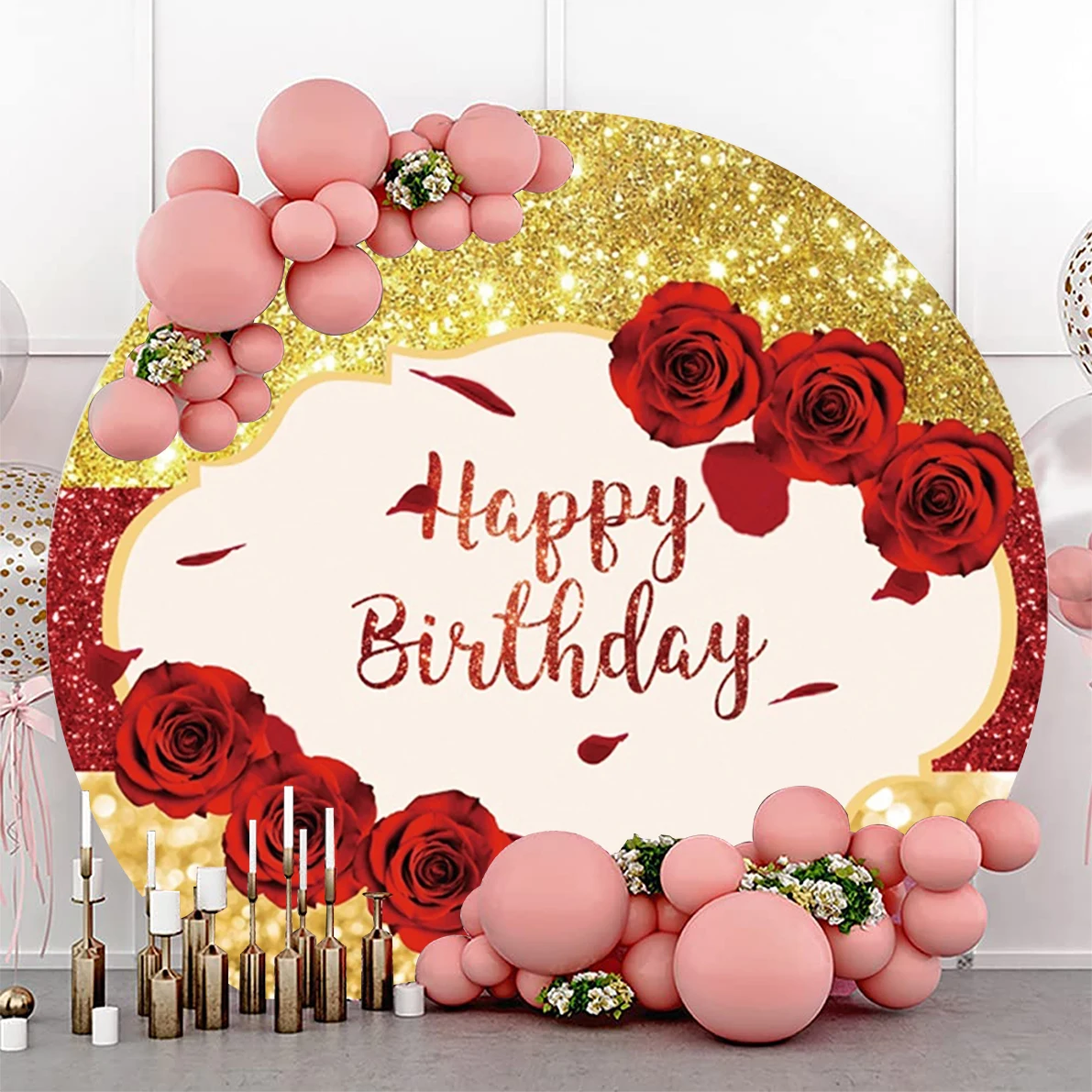 

Happy Birthday Party Backdrop for Circle Cover Supplies Gold Glitter Red Rose Birthday Background Round Cake Table Decorations