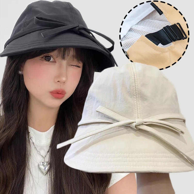 Bowknot Sun Hat Women Sweet Lace-up Fisherman Hats Female Summer Outdoor Sun Visors Adjustable Bucket Cap Big Brim Sunhats